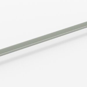 A long, straight metal bracket with two mounting holes on each end, designed for wall or shelf support. It is light gray and positioned diagonally against a white background.