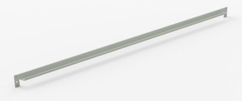 A long, straight metal bracket with two mounting holes on each end, designed for wall or shelf support. It is light gray and positioned diagonally against a white background.
