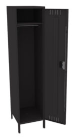 A tall, black metal locker stands with its door open. Inside, there is a single shelf and a hanging rod near the top. The locker has a latch for a lock on the door. The overall look is sleek and minimalist.