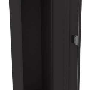 A tall, black metal locker stands with its door open. Inside, there is a single shelf and a hanging rod near the top. The locker has a latch for a lock on the door. The overall look is sleek and minimalist.