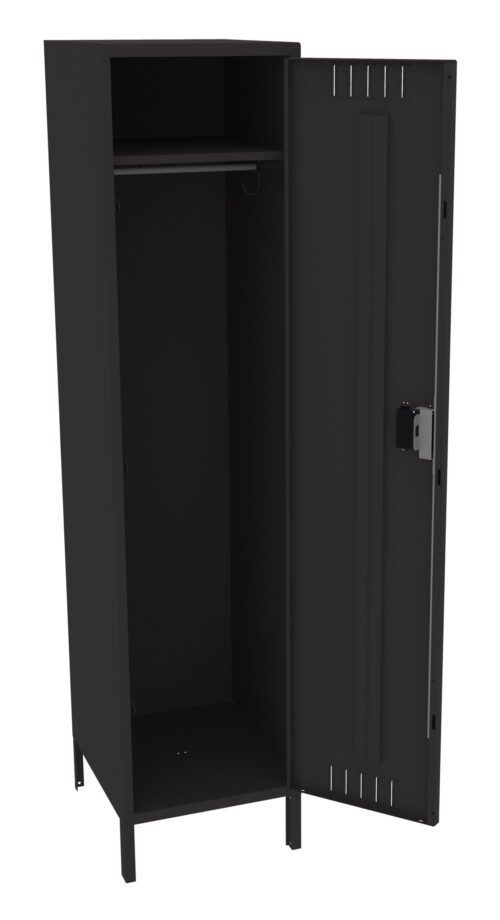 A tall, black metal locker stands with its door open. Inside, there is a single shelf and a hanging rod near the top. The locker has a latch for a lock on the door. The overall look is sleek and minimalist.