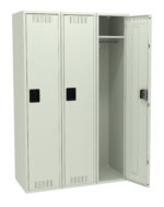 A beige metal locker with three compartments stands open. The right compartment door is ajar, revealing an empty interior with a single hook at the top. Each door has a black handle and ventilation slits at the bottom.