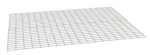 A slightly angled view of a rectangular grid made of thin, light-colored parallel and perpendicular lines, creating evenly spaced square openings across the entire surface. The background is plain white.
