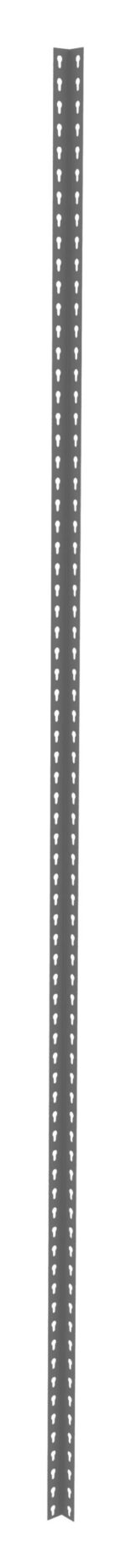 A tall, gray, metal street sign pole with evenly spaced holes along both sides, standing vertically against a plain background.