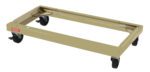 A beige rectangular dolly with four black swivel casters and a red label on the side. The frame is metal, and it is designed for moving heavy objects.