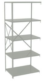 A metal storage shelving unit with five shelves. The shelves are adjustable, supported by a sturdy frame, and have a simple, industrial design.