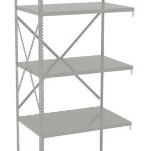 A metal storage shelving unit with five shelves. The shelves are adjustable, supported by a sturdy frame, and have a simple, industrial design.