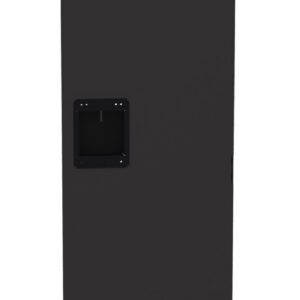 A tall, rectangular, black metal electrical panel with a square handle in the center. The panel has ventilation slits at the top and bottom. The overall appearance is sleek and industrial.