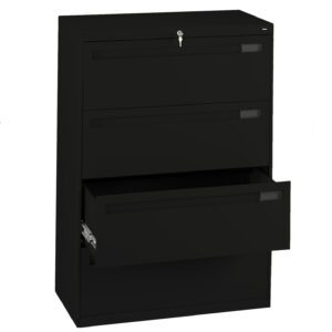 A black, three-drawer filing cabinet with the top drawer slightly open and the middle drawer fully extended. The cabinet has a lock on the top drawer.