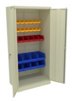 A beige metal cabinet with open doors, containing three shelves. The top shelf has yellow bins, the middle shelf has red bins, and the bottom shelf has blue bins. The cabinet is empty otherwise.