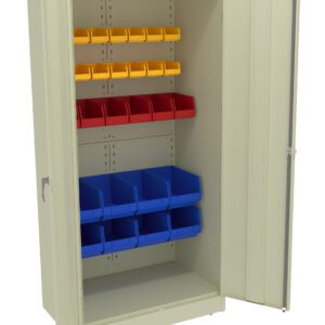 A beige metal cabinet with open doors, containing three shelves. The top shelf has yellow bins, the middle shelf has red bins, and the bottom shelf has blue bins. The cabinet is empty otherwise.