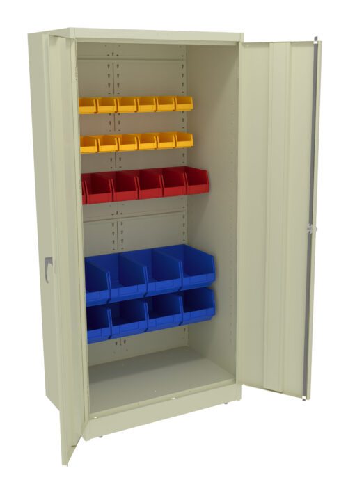 A beige metal cabinet with open doors, containing three shelves. The top shelf has yellow bins, the middle shelf has red bins, and the bottom shelf has blue bins. The cabinet is empty otherwise.