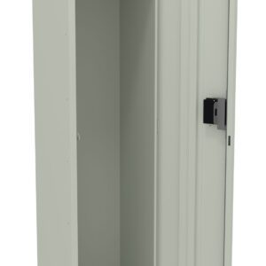 Gray metal locker with its door open, showing an empty interior. Inside, there is a hanging rod near the top and a spacious lower section. The locker stands on four legs and features a lock mechanism on the door.