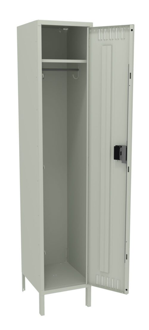 Gray metal locker with its door open, showing an empty interior. Inside, there is a hanging rod near the top and a spacious lower section. The locker stands on four legs and features a lock mechanism on the door.