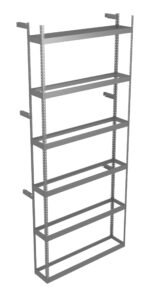 Metal shelving unit with six adjustable shelves, designed for wall mounting. The unit has a minimalist and industrial style, suitable for storage or display. The shelves are supported by vertical metal bars with holes for customizable shelf placement.