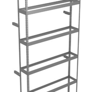 Metal shelving unit with six adjustable shelves, designed for wall mounting. The unit has a minimalist and industrial style, suitable for storage or display. The shelves are supported by vertical metal bars with holes for customizable shelf placement.