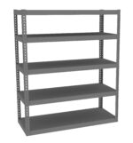 A five-tier gray metal shelving unit stands empty against a white background. Each shelf is evenly spaced, with vertical supports at the corners. The design is industrial and utilitarian.