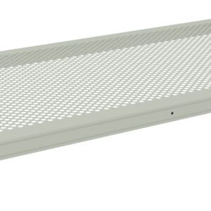 A rectangular perforated metal shelf with a light gray finish, featuring evenly spaced circular holes for ventilation or drainage. The shelf has angled edges and is shown against a plain white background.