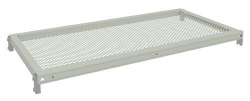 r4u72lrnxqx6vbapslxm.jpg A rectangular perforated metal shelf with a light gray finish, featuring evenly spaced circular holes for ventilation or drainage. The shelf has angled edges and is shown against a plain white background.