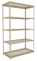 A beige metal shelving unit with five mesh shelves. The structure is tall and rectangular, designed for storage, and has a perforated pattern on each shelf. The unit stands against a white background.