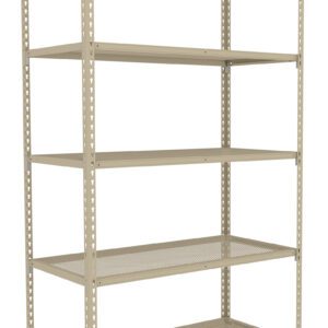 A beige metal shelving unit with five mesh shelves. The structure is tall and rectangular, designed for storage, and has a perforated pattern on each shelf. The unit stands against a white background.
