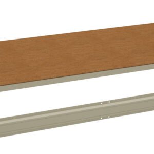 Exploded view of shelving components on a white background, including a rectangular brown wooden panel and several metal support bars arranged in a layout for assembly.