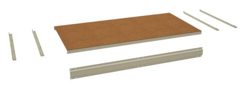 Exploded view of shelving components on a white background, including a rectangular brown wooden panel and several metal support bars arranged in a layout for assembly.