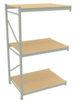 A three-tier metal shelving unit with beige shelves and a light gray frame, designed for storage purposes. The structure is sturdy, with evenly spaced horizontal supports and vertical braces on the left side for added stability.
