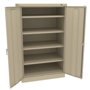 Open beige metal storage cabinet with five empty shelves and two open doors.
