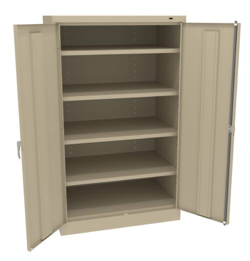 r6pd8dk1yaxo8ad6vemg.jpg Open beige metal storage cabinet with five empty shelves and two open doors.