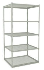 A metal storage shelving unit with five adjustable, perforated shelves. The unit is light gray and freestanding, designed for organizing and storing items in warehouses or garages.