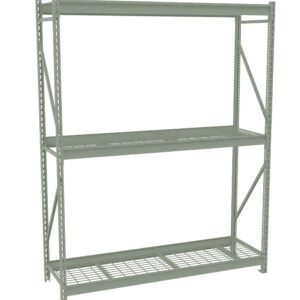 A metal storage rack with three horizontal shelves, supported by vertical beams. The shelves consist of wire mesh panels. The structure is simple and industrial, suitable for organizing or storing various items.