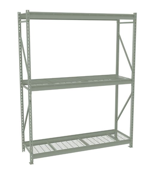 r6t12bxsrdctrm63c9bk.jpg A metal storage rack with three horizontal shelves, supported by vertical beams. The shelves consist of wire mesh panels. The structure is simple and industrial, suitable for organizing or storing various items.