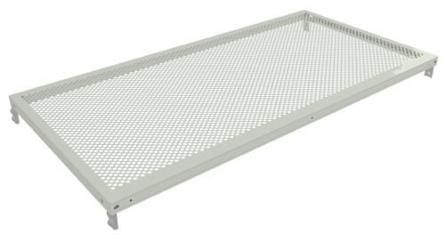 A white, rectangular metal shelf with a perforated design and four support brackets at each corner. The shelf has small round holes evenly distributed across the surface.