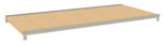 A wooden shelf with a metal frame, viewed from an angle. The shelf appears to be rectangular and flat, with the metal frame providing support on the sides and back.