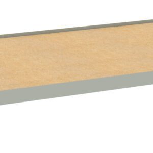 A wooden shelf with a metal frame, viewed from an angle. The shelf appears to be rectangular and flat, with the metal frame providing support on the sides and back.