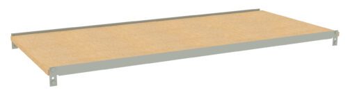 A wooden shelf with a metal frame, viewed from an angle. The shelf appears to be rectangular and flat, with the metal frame providing support on the sides and back.