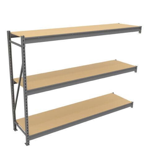 Three-tier industrial metal shelving unit with tan wooden shelves. The shelves are evenly spaced, supported by a metal frame with diagonal cross supports on one side. The design is simple and utilitarian.