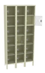 A beige, three-column locker unit with four rows of compartments. One compartment door is open, revealing an empty interior. Each compartment has a transparent door with a metallic latch. The locker stands on short legs.