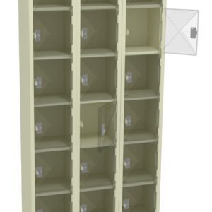 A beige, three-column locker unit with four rows of compartments. One compartment door is open, revealing an empty interior. Each compartment has a transparent door with a metallic latch. The locker stands on short legs.