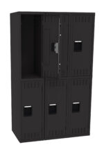 A black metal locker unit with six compartments, three on top and three on bottom. The upper left compartment door is open, revealing a lock mechanism inside. The other compartments doors are closed, each with a handle.