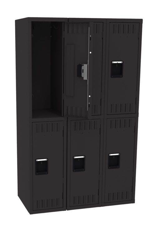A black metal locker unit with six compartments, three on top and three on bottom. The upper left compartment door is open, revealing a lock mechanism inside. The other compartments doors are closed, each with a handle.