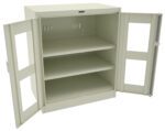 A beige metal cabinet with two open doors revealing three shelves inside. The doors have transparent panels and are secured with a latch. The cabinet appears empty and is designed for storage purposes.