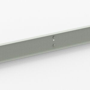 A long, light gray metal bracket with a rectangular shape and small holes near the ends and center, lying on a plain white background.