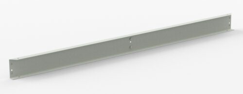 A long, light gray metal bracket with a rectangular shape and small holes near the ends and center, lying on a plain white background.
