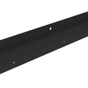 A black steel L-shaped bracket with multiple holes along its length, suitable for mounting or structural support. The bracket has a smooth finish and its design includes two perpendicular flat surfaces.