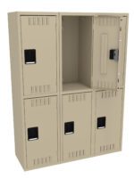A beige, six-compartment metal locker with rectangular ventilation slots. The top right door is open, revealing an empty compartment. Each door has a black, rectangular handle.