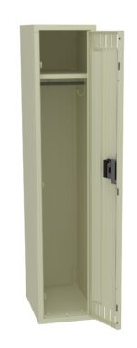Open beige metal locker with a single door, featuring a top shelf and a hanging rod inside. The locker is empty and set against a plain background.