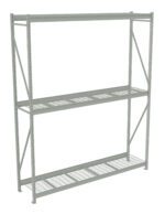 A metal storage rack with three levels of grid-style shelves. The rack is light gray and has a simple, functional design suitable for industrial or warehouse settings. The shelves are supported by vertical beams and cross-braces.
