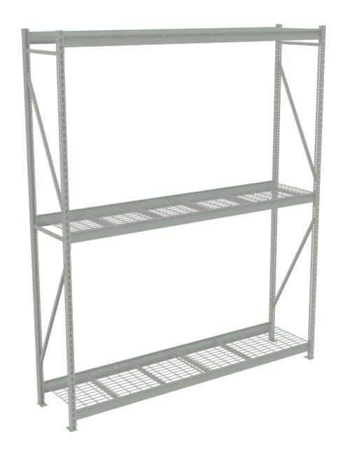 rasrekzkfevbopv0qwdm.jpg A metal storage rack with three levels of grid-style shelves. The rack is light gray and has a simple, functional design suitable for industrial or warehouse settings. The shelves are supported by vertical beams and cross-braces.